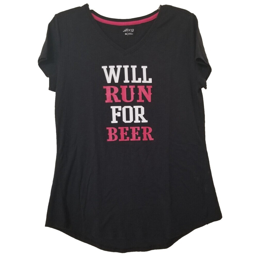 BCG Womens‎ Tshirt Xlarge Black Vneck Will Run For Beer Athletic